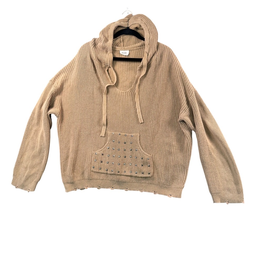BIBI Tan Knit Hoodie Sweater XL Distressed Studded Pocket Casual Cozy Pullover